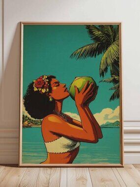 Tropical Beach Woman Poster, Vintage Travel Wall Art Print